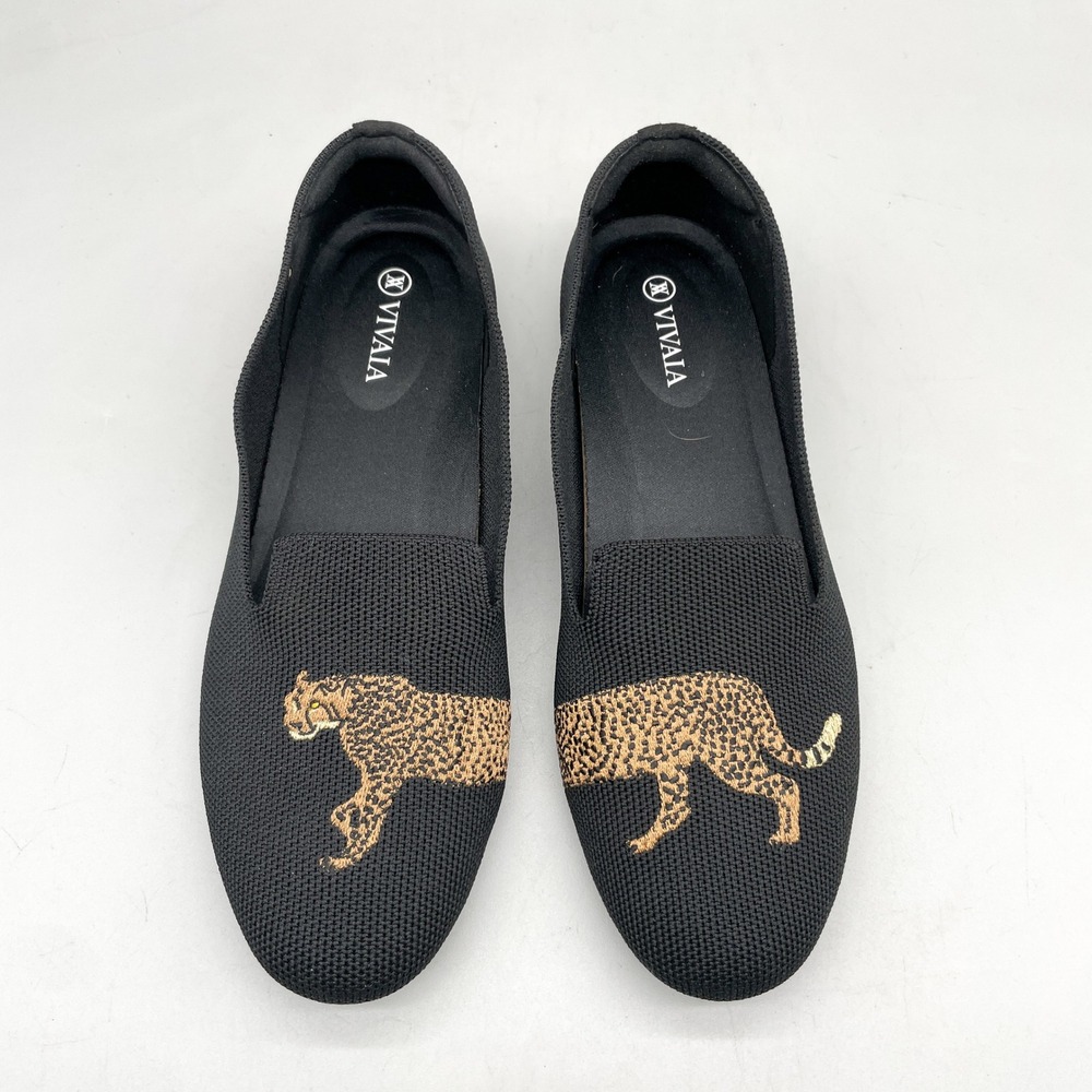 Vivaia Womens 39 8 Audrey Round Toe Loafers Black Knit Leopard Preppy Office